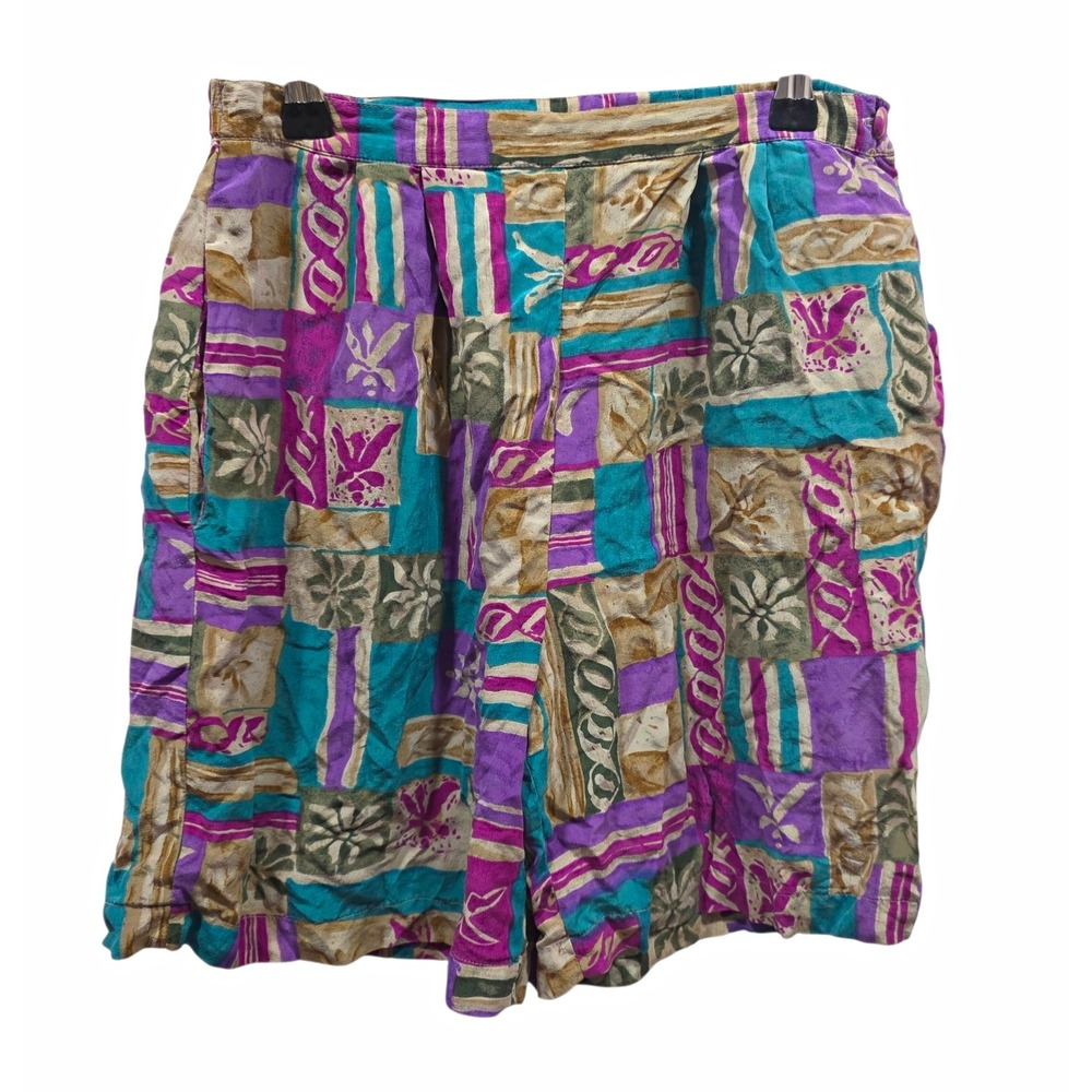 Petite Sophisticate Silk Pleated Bermuda Shorts Geometric Purple Teal S